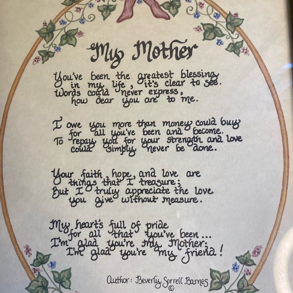 “MY MOTHER” CALLIGRAPHY MATTED AND FRAMED POEM ~ 9”X 11” BEVERLY SORRELL RAMES - Picture 2 of 6